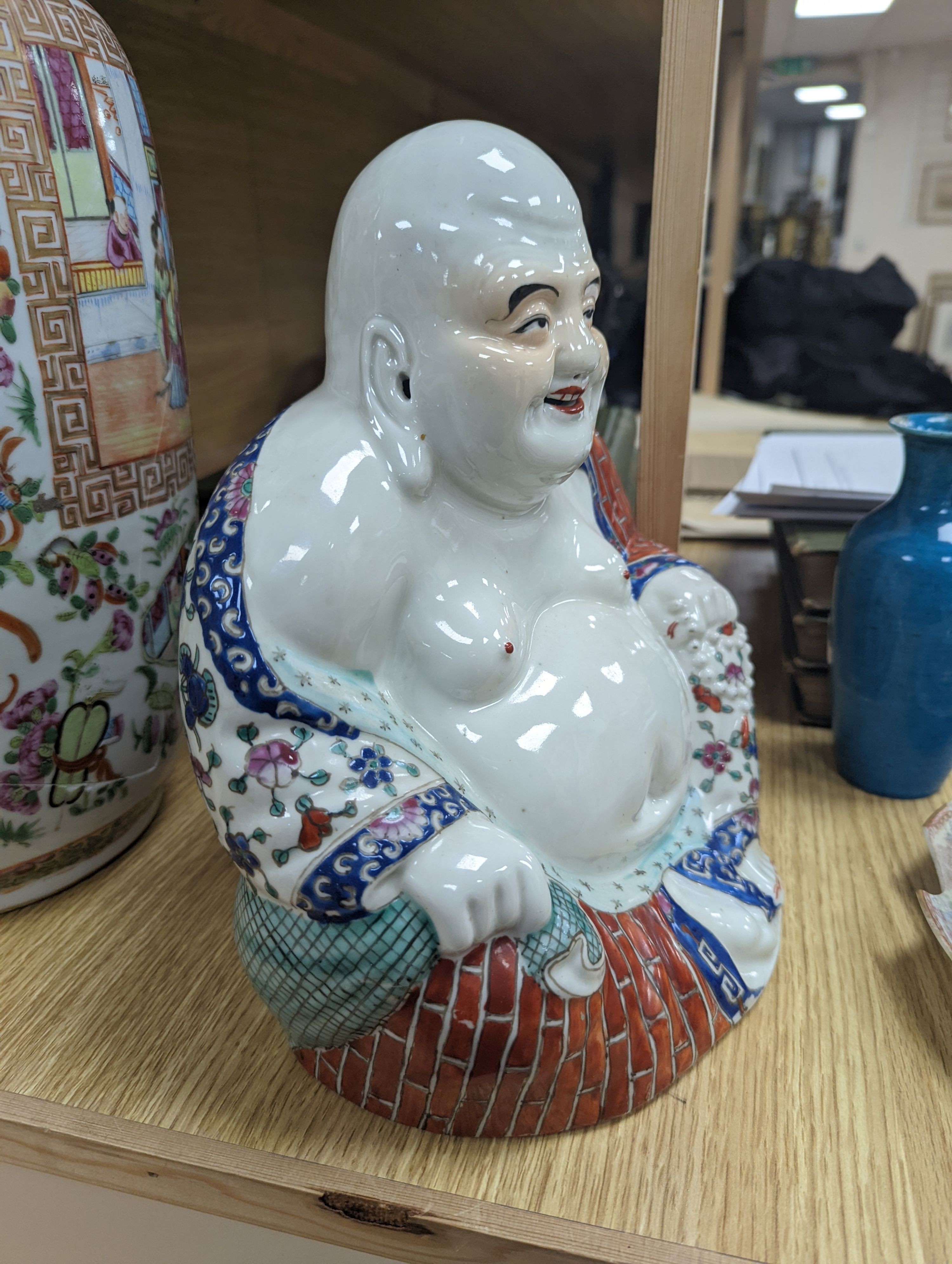 A Chinese famille rose vase, a figure of Budai, a turquoise glaze vase etc, vase 45 cms high.